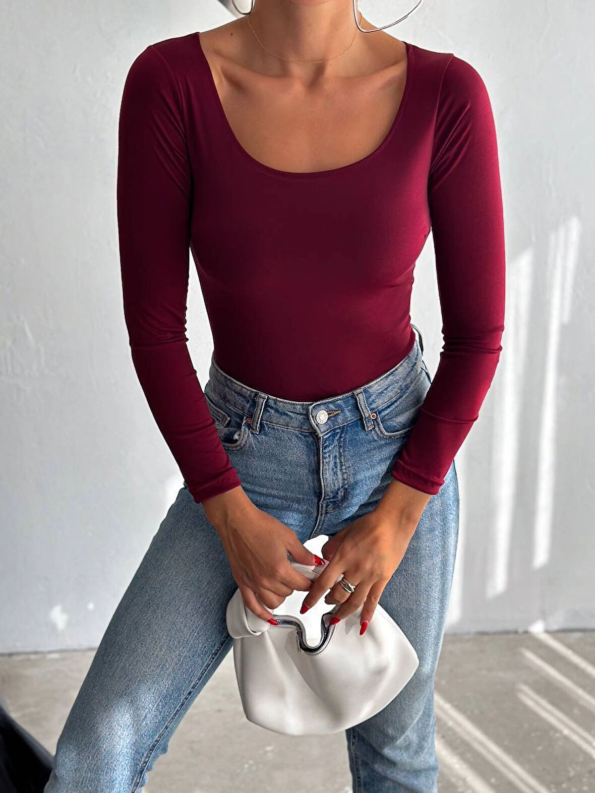 Kadın Bordo U Yaka Uzun Kollu Sandy Bluz HZL25S-FRY122471