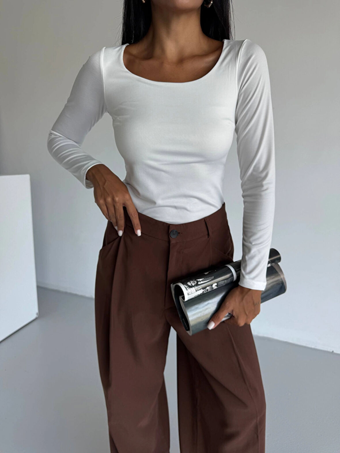 Kadın Beyaz U Yaka Uzun Kollu Sandy Bluz HZL25S-FRY122471