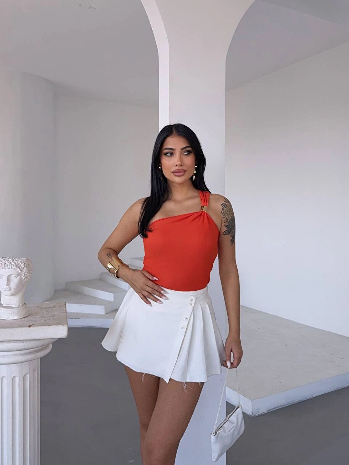 Kadın Oranj Tek Omuz Gold Metal Detaylı Bluz HZL25S-FRY123111