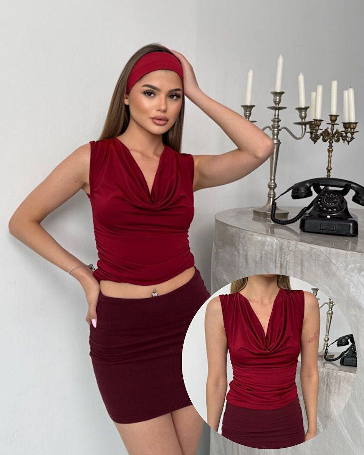 Kadın Bordo Degaje Yaka Yanlardan Drapeli Sandy Bluz HZL25S-FRY123131