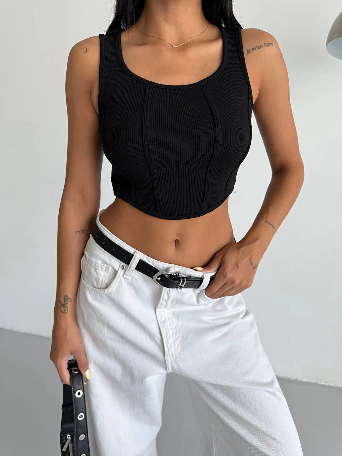 Kadın Siyah Fitilli Kaşkorse Crop Bluz HZL25S-FRY123171