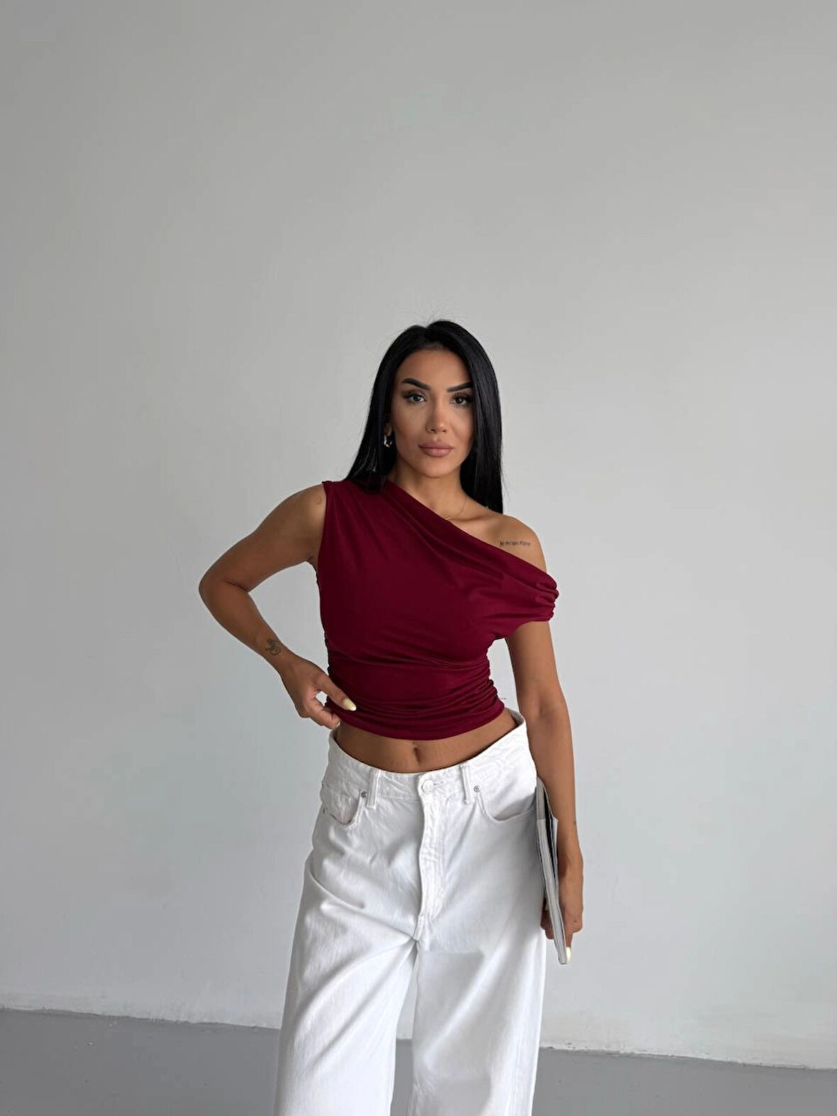 Kadın Bordo Yandan Drapeli Kayık Yaka Sandy Bluz HZL25S-FRY123201