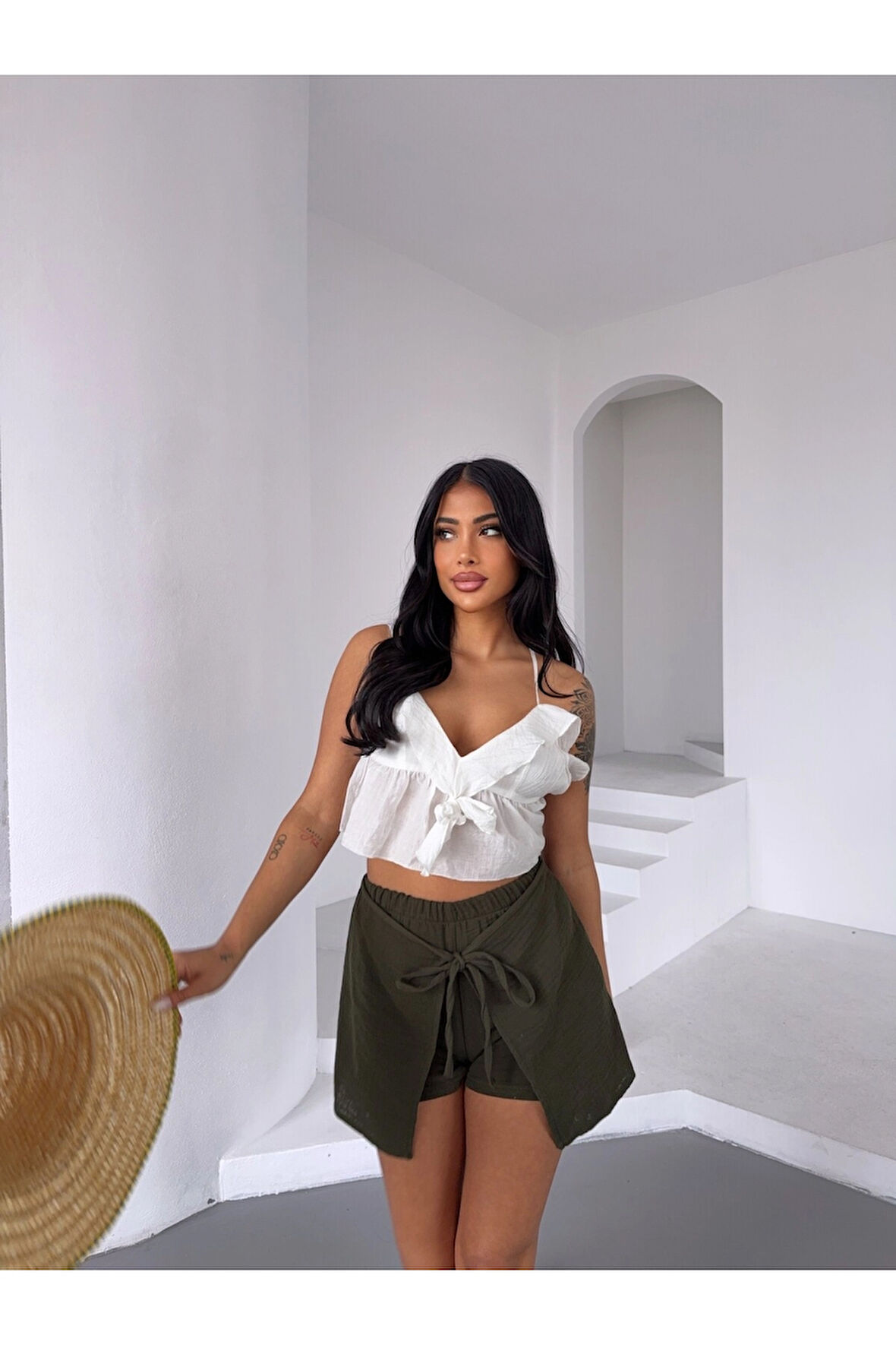 Kadın Haki Bağlama Detay Müslin Şort HZL25S-DSB2323