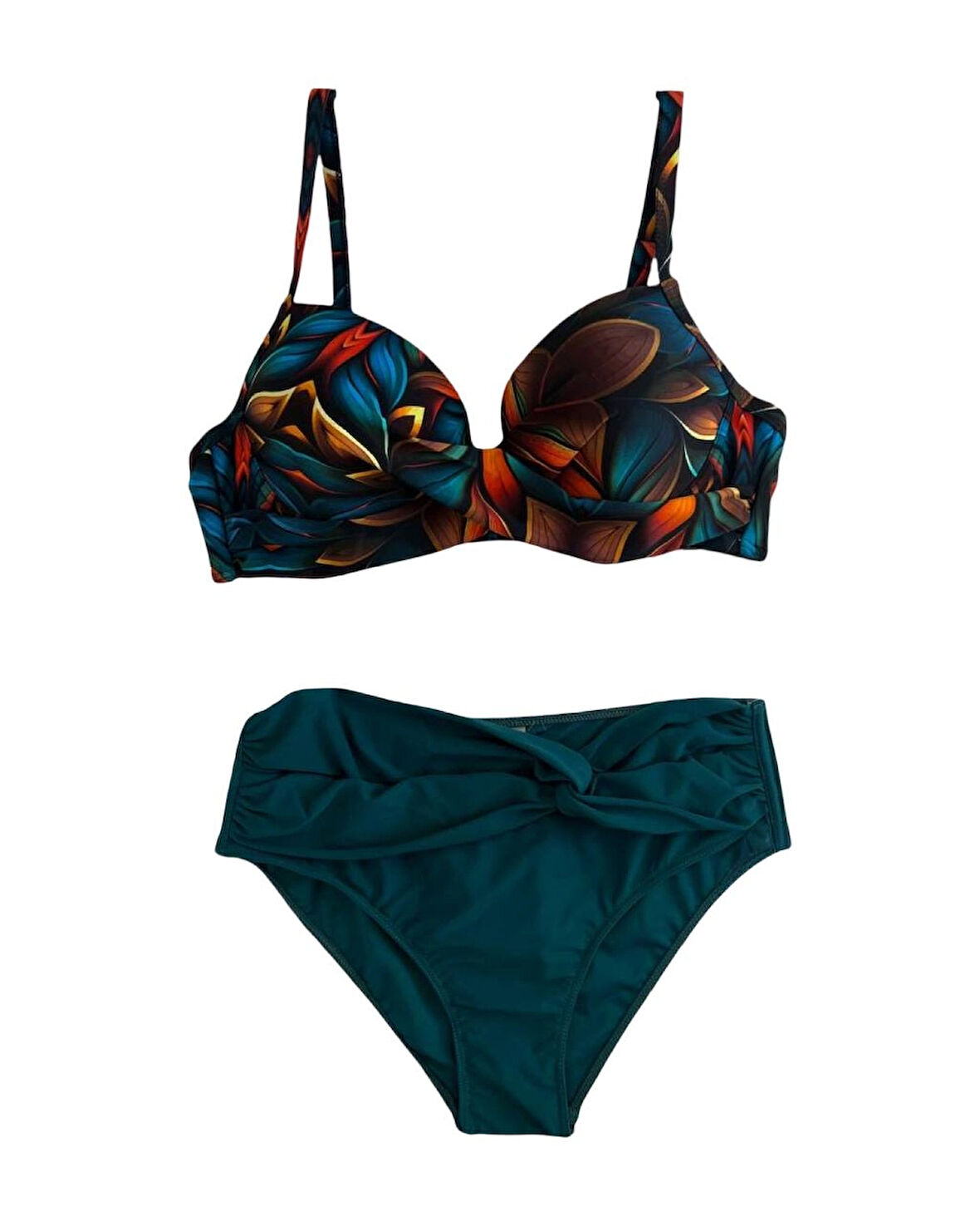 Kadın Petrol Yeşili Çiçek Desenli Astarlı Büyük Beden Bikini Takımı HZL25S-LC24108