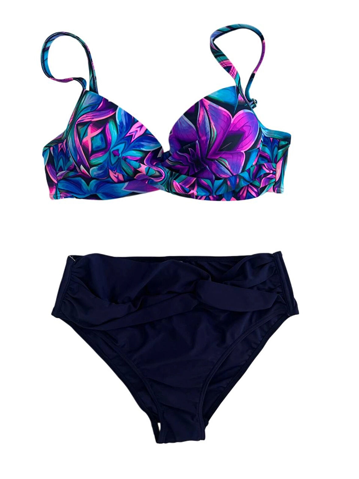 Kadın Lacivert Fuşya Çiçek Desenli Astarlı Büyük Beden Bikini Takımı HZL25S-LC24108