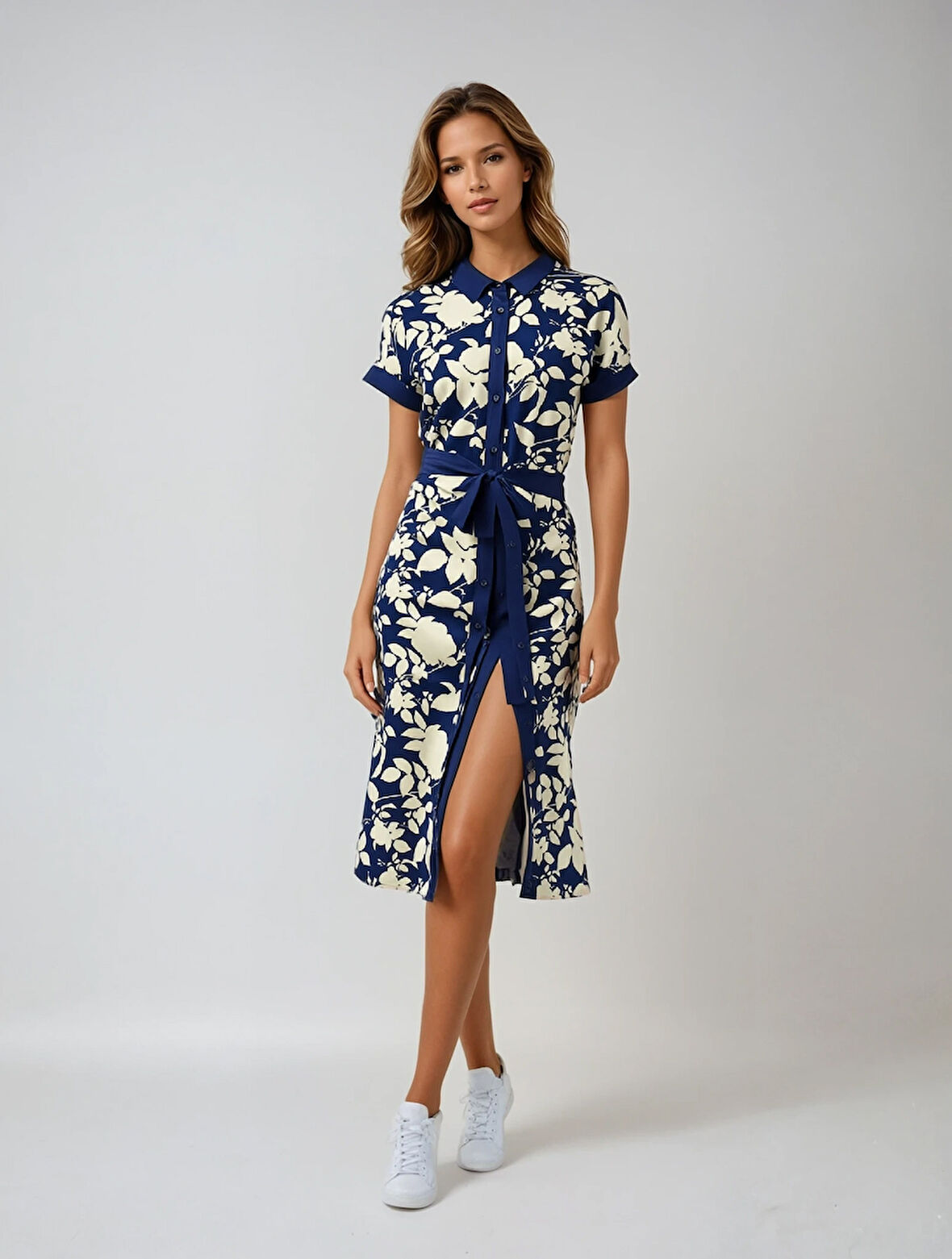 Kadın Lacivert Krem Kuşaklı Çiçek Desenli Düğmeli Yazlık Viskon Elbise HZL24S-BD124551