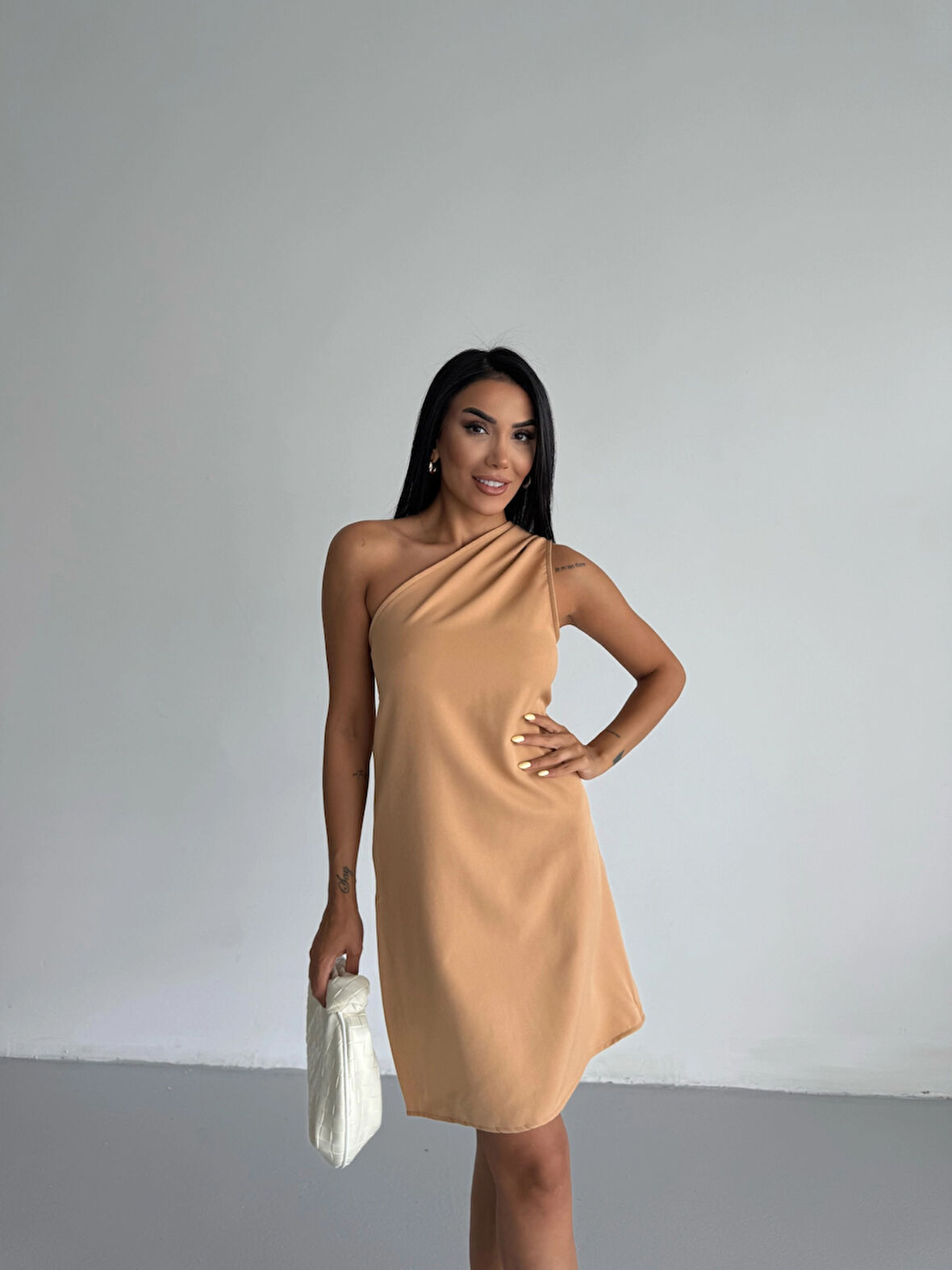 Kadın Vizon Tek Omuz Mini Elbise HZL25S-FRY121791