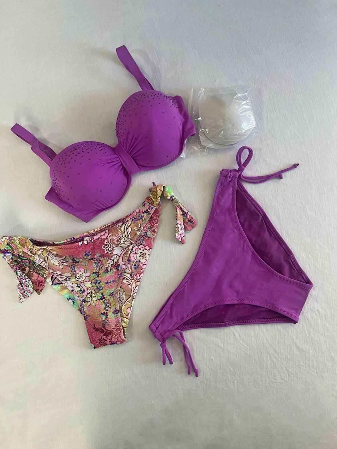 Kadın Lila Taş İşlemeli 3 Parça Bikini Takım HZL25S-LC3315