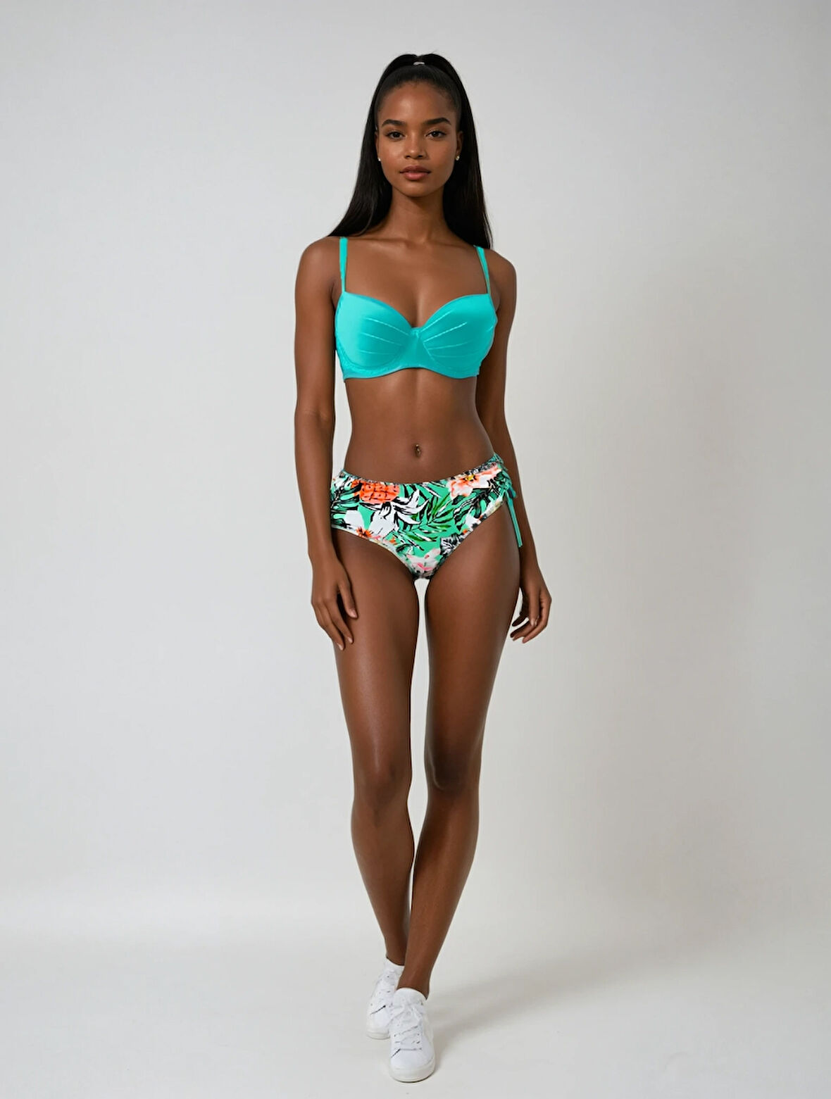 Kadın Turkuaz Mavi Tropikal Desen Bikini Takım HZL25S-LC3325