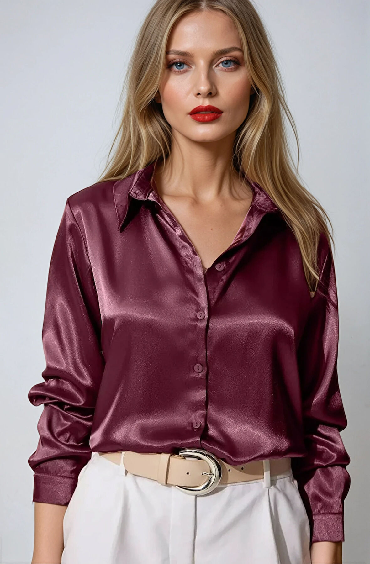 Kadın Mürdüm Hafif Dökümlü Saten Yüzeyli Gömlek Hzl22w-bd139641