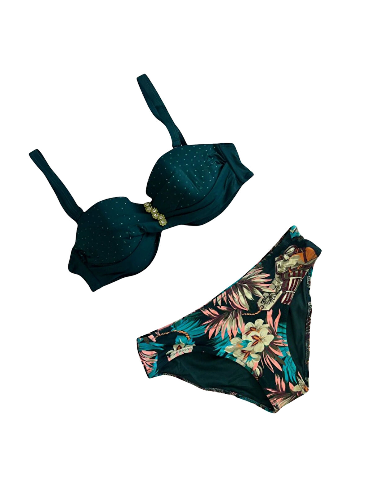Kadın Zümrüt Yeşil Taş İşlemeli Aksesuar Detaylı Astarlı Bikini Takımı HZL25S-LC4005