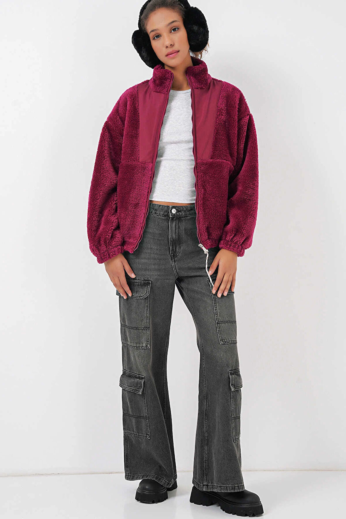 Kadın Bordo Baskılı Fermuarlı Suni Yünlü Astarlı Peluş Ceket HZL25W-BD151941