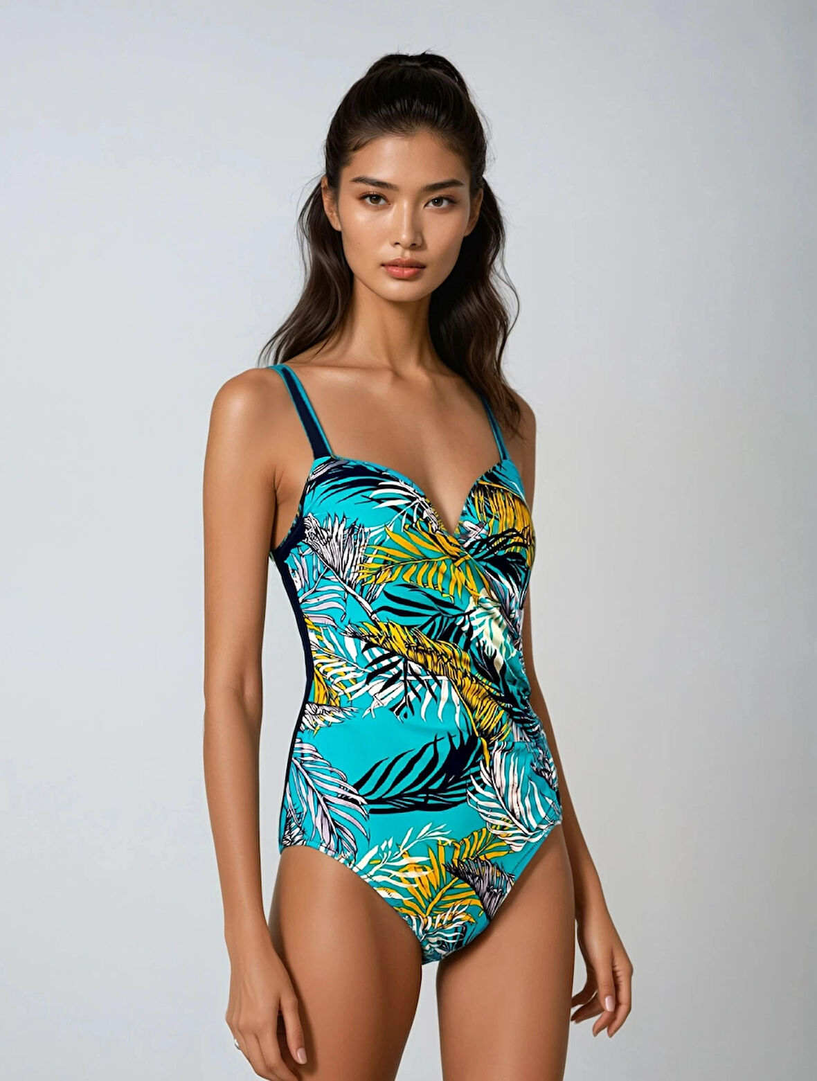 Kadın Lacivert Turkuaz Sarı Tüy Desen Yandan Drapeli Mayo HZL25S-LC6243