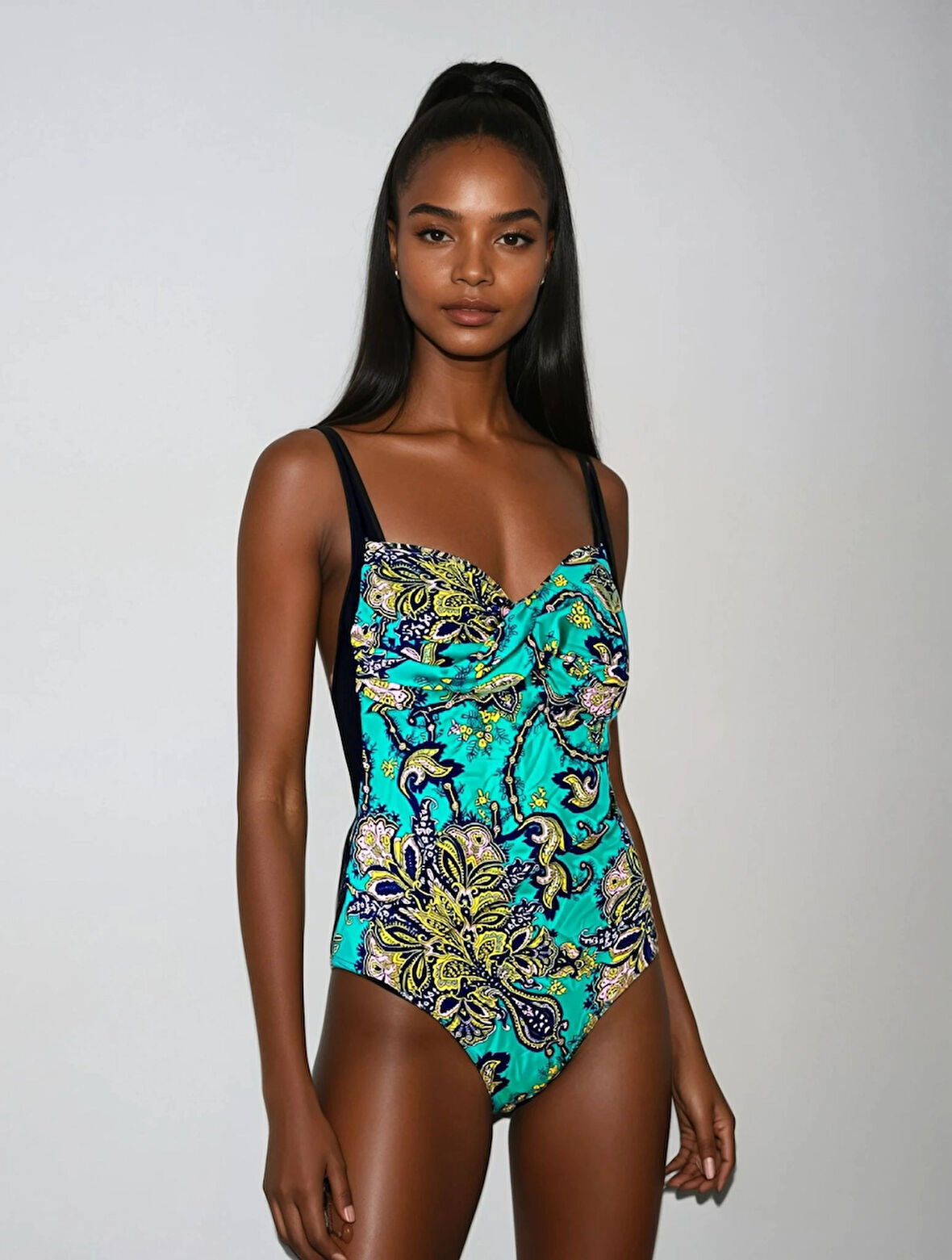 Kadın Siyah Turkuaz Desenli Mayo HZL25S-LC6279