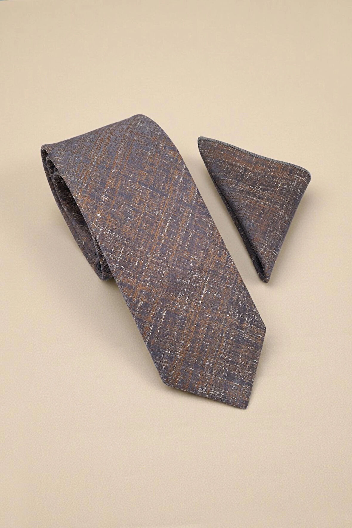 Retro Desen Bronz Kravat & Mendil