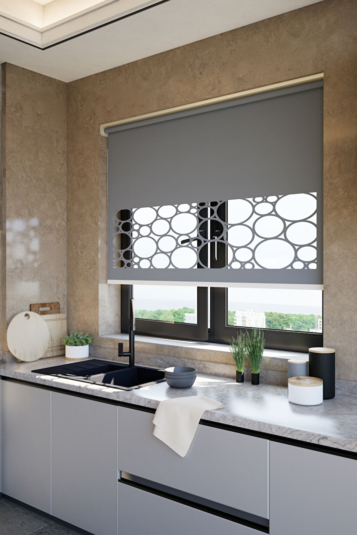 Lazer Kesim Mat Stor Perde, Lazer Kesimli Klasik Serisi, C-5004 Antrasit Renk