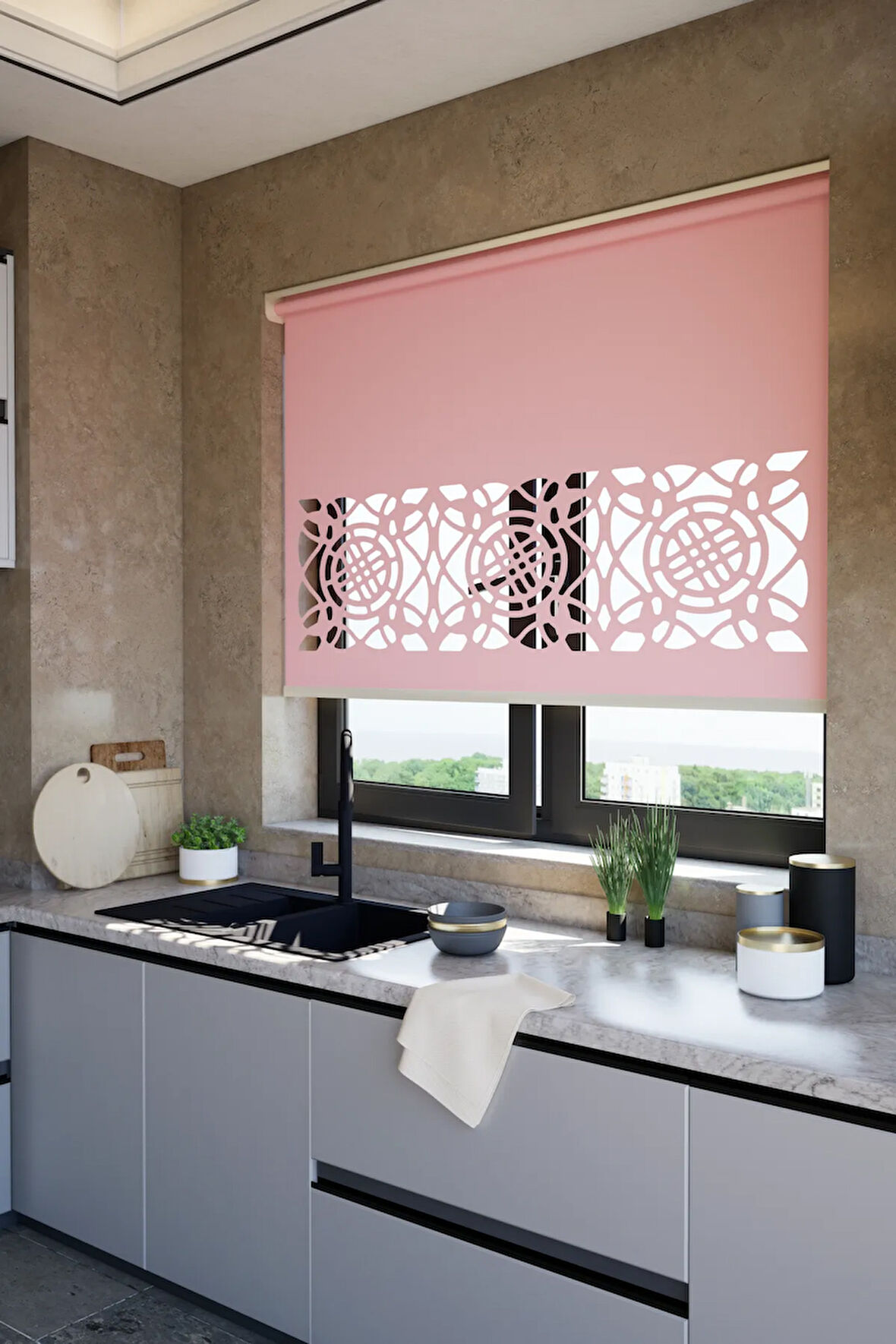 Lazer Kesim Mat Stor Perde, Lazer Kesimli Klasik Serisi, C-6006 Gül Kurusu Renk