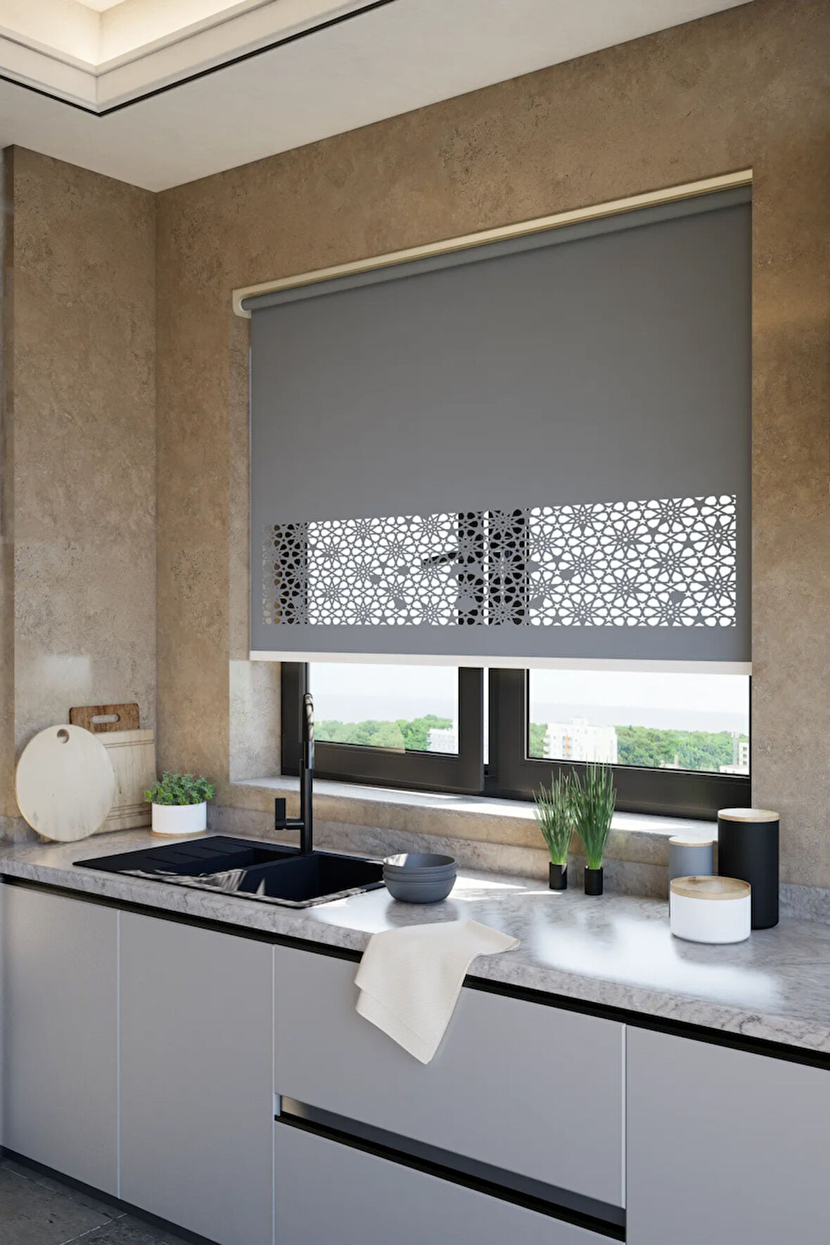 Lazer Kesim Mat Stor Perde, Lazer Kesimli Klasik Serisi, C-101004 Antrasit Renk