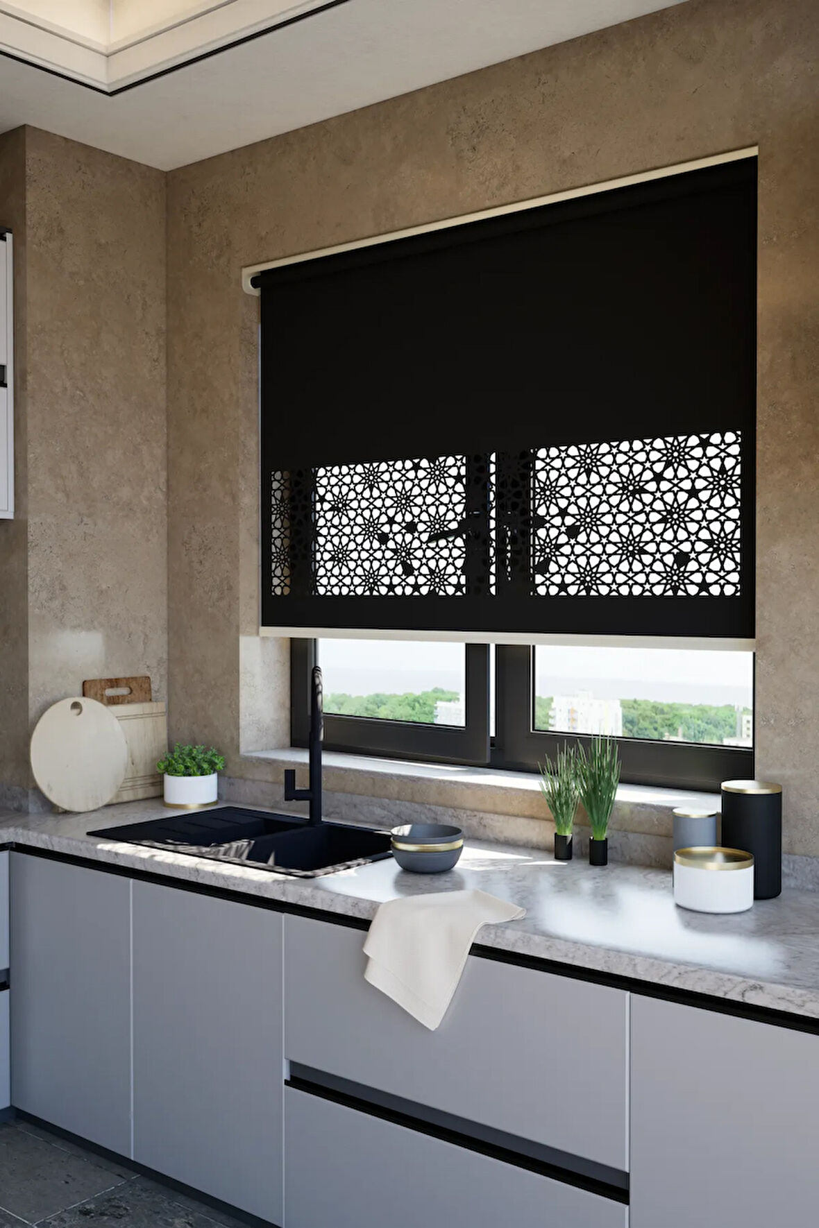 Lazer Kesim Mat Stor Perde, Lazer Kesimli Klasik Serisi, C-101008 Siyah Renk