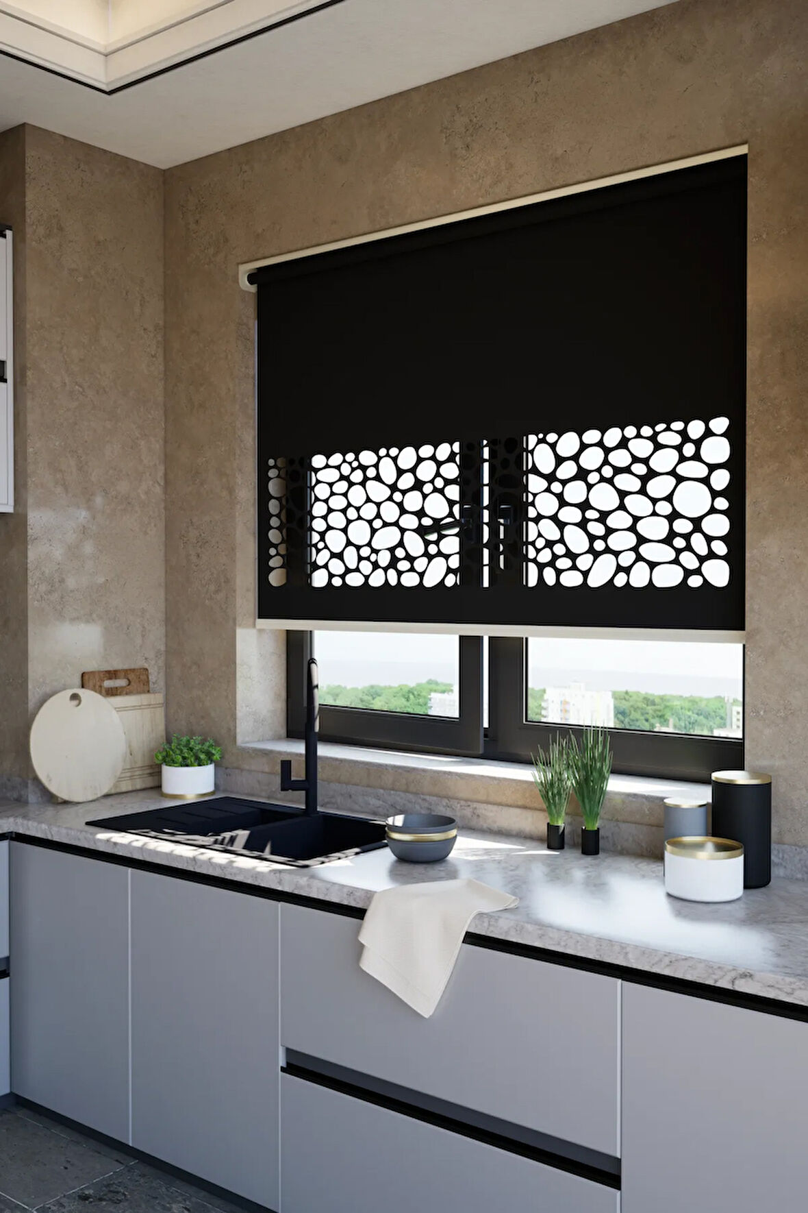 Lazer Kesim Mat Stor Perde, Lazer Kesimli Klasik Serisi, C-121008 Siyah Renk