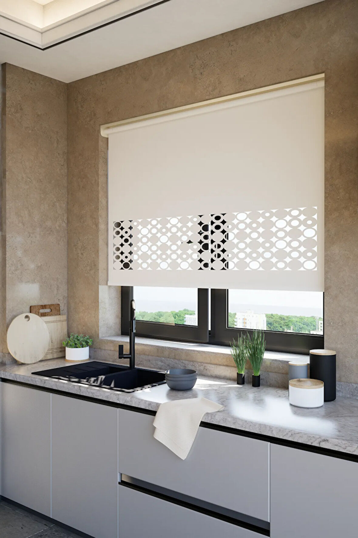 Lazer Kesim Mat Stor Perde, Lazer Kesimli Klasik Serisi, C-191001 Beyaz Renk