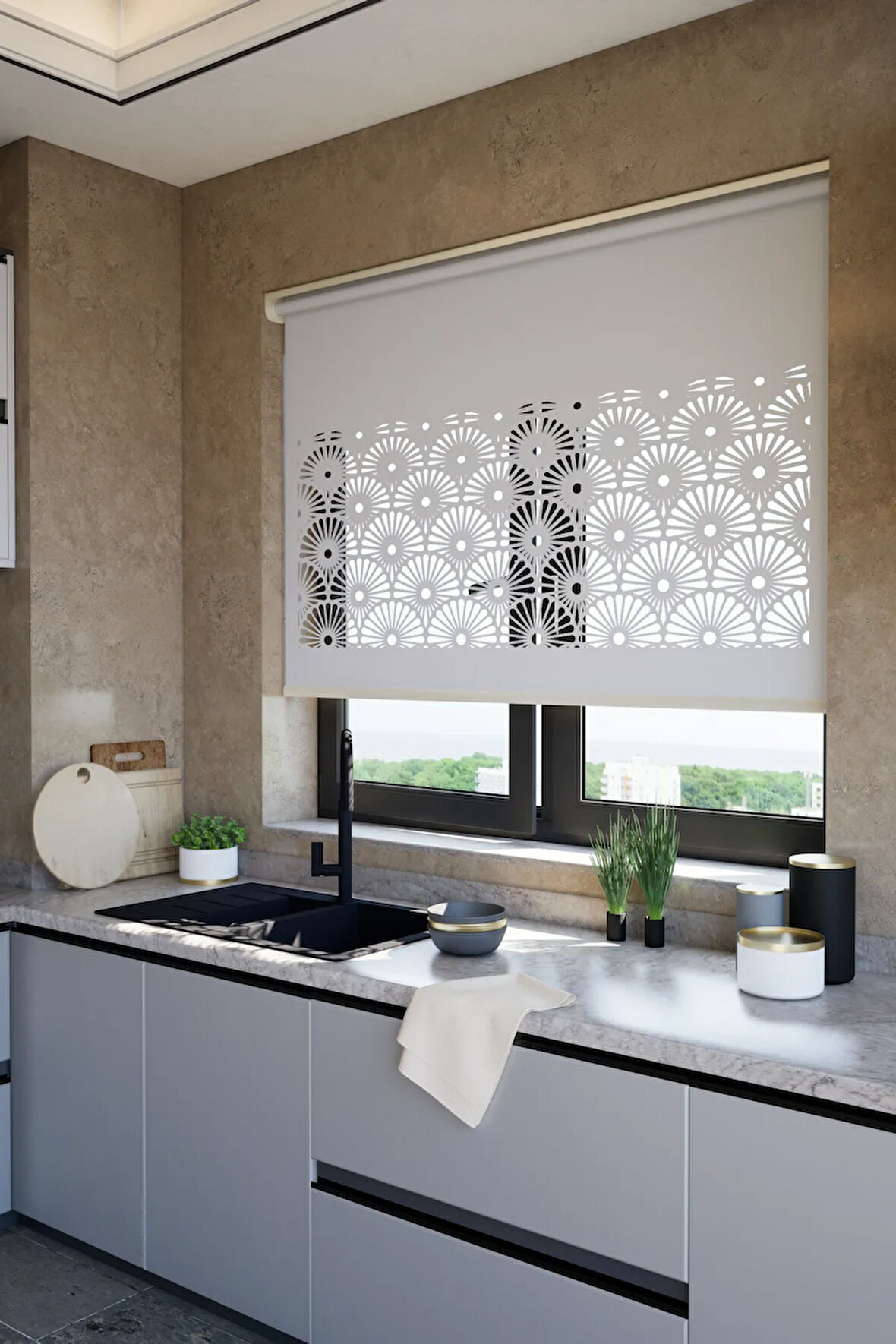 Lazer Kesim Mat Stor Perde, Lazer Kesimli Modern Serisi, M-121005 Gri Renk