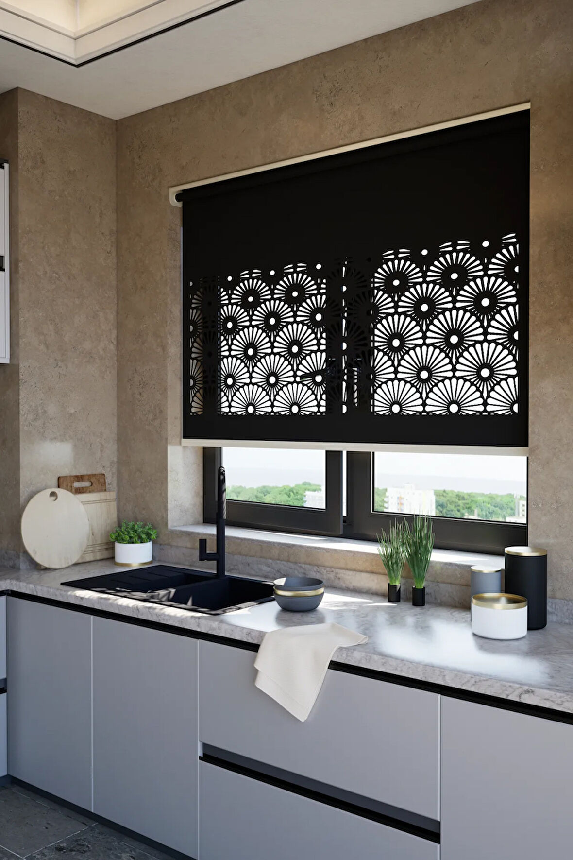 Lazer Kesim Mat Stor Perde, Lazer Kesimli Modern Serisi, M-121008 Siyah Renk