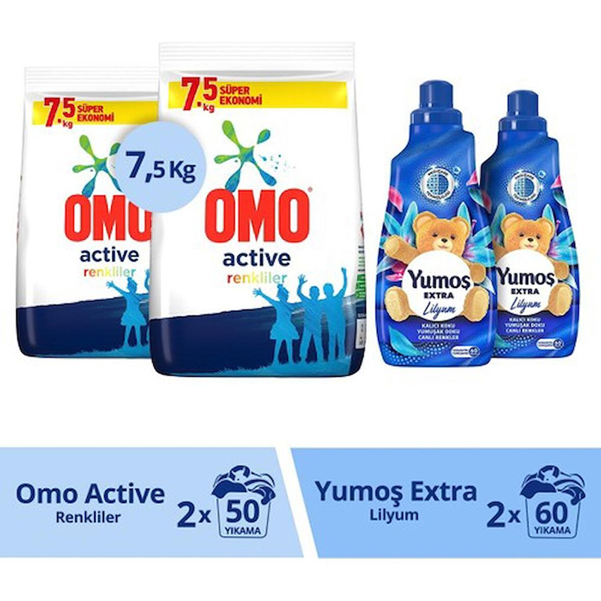 Omo Toz Deterjan 7.5 kg x 2 + Yumoş 'lilyum Konsantre Çamaşır Yumuşatıcı 1440 ml 60 Yıkama x 2