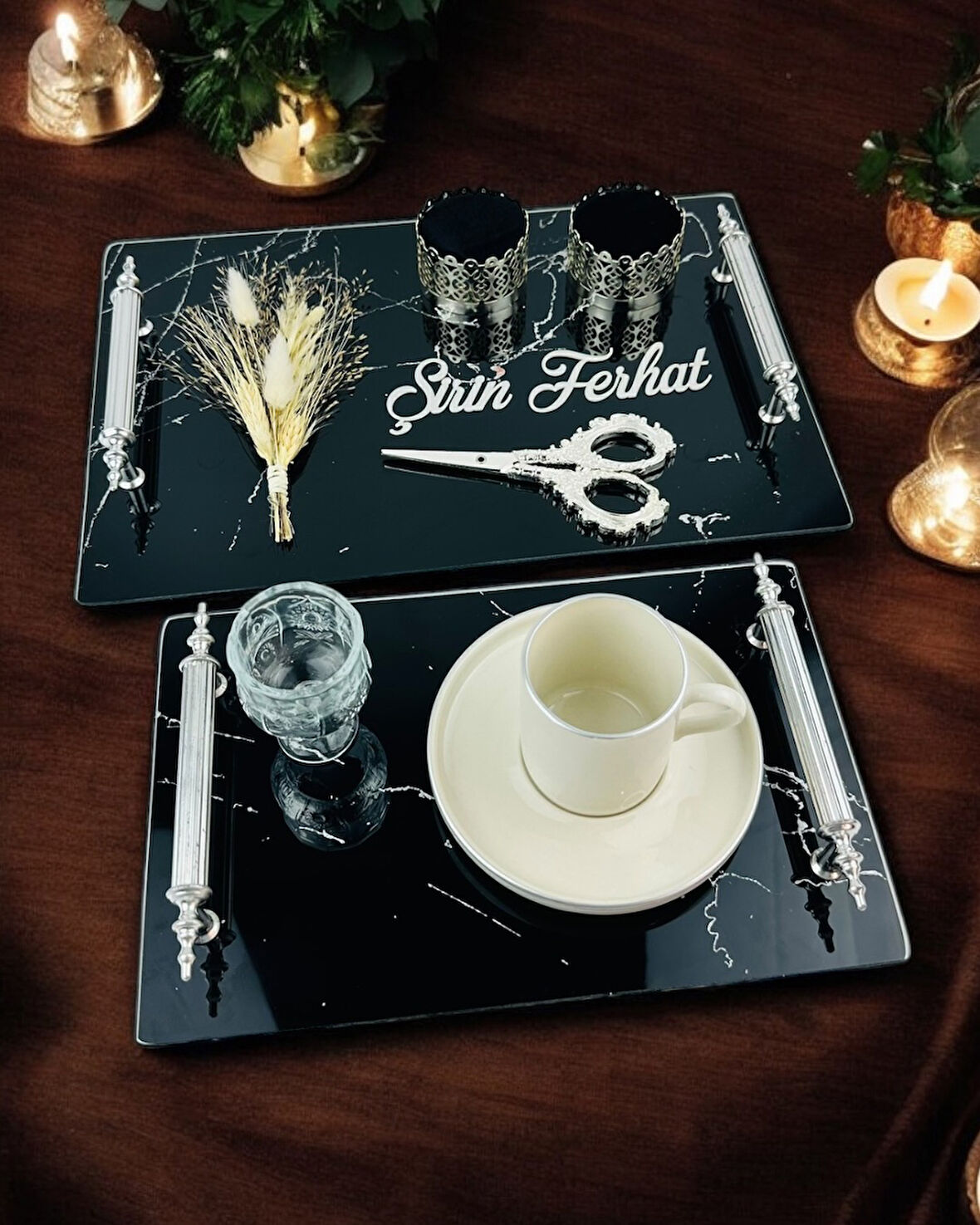 Vow Siyah Desenli Söz Tepsisi ve Damat Kahve Fincanı