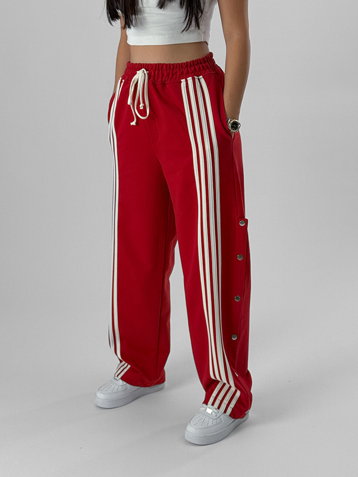 Kadın Şeritli Kırmızı Baggy Pantolon COC1080