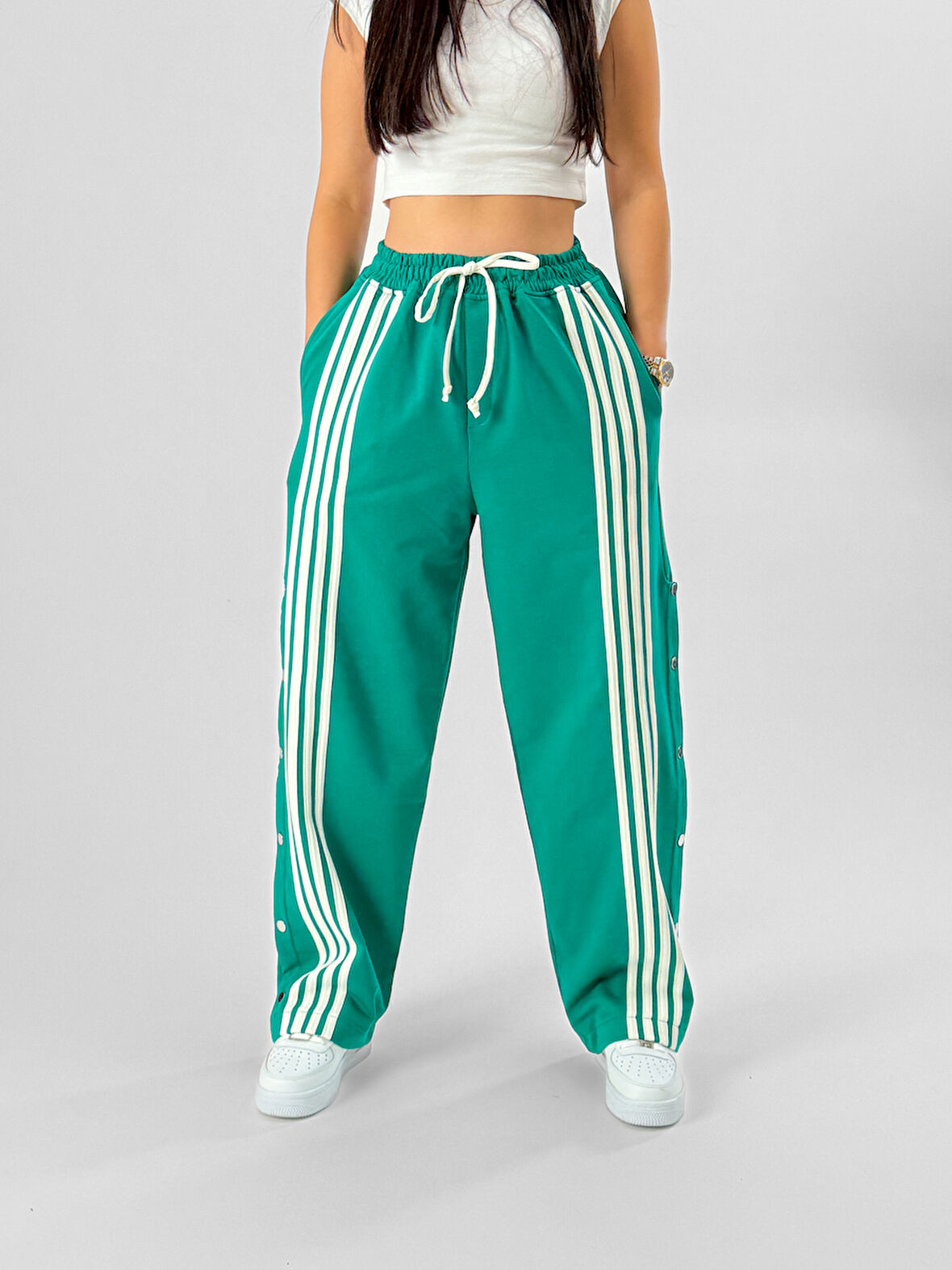 Kadın Şeritli Yeşil Baggy Pantolon COC1079