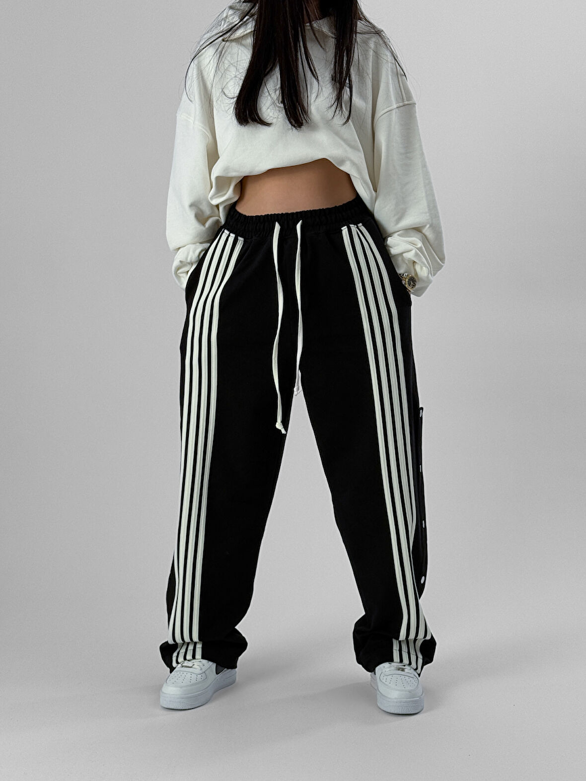 Kadın Şeritli Siyah Baggy Pantolon COC1078