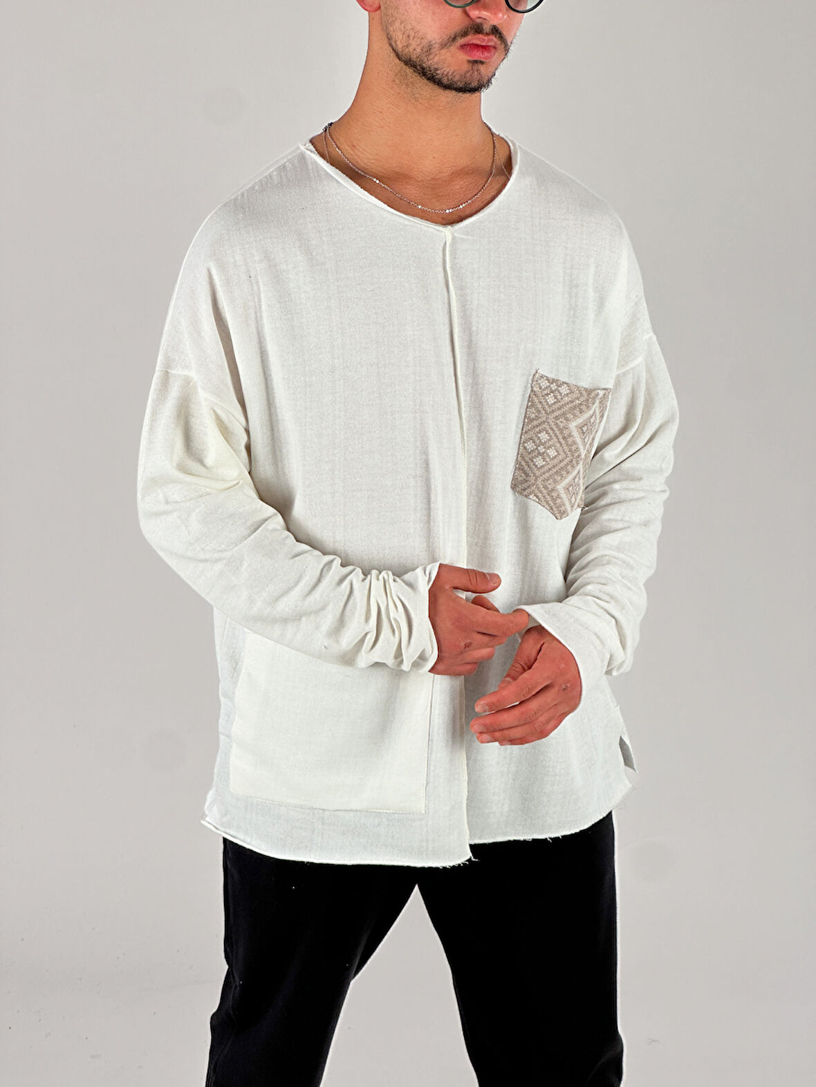Kahve Cep Detaylı Etnik Tasarım Sweatshirt COC1076