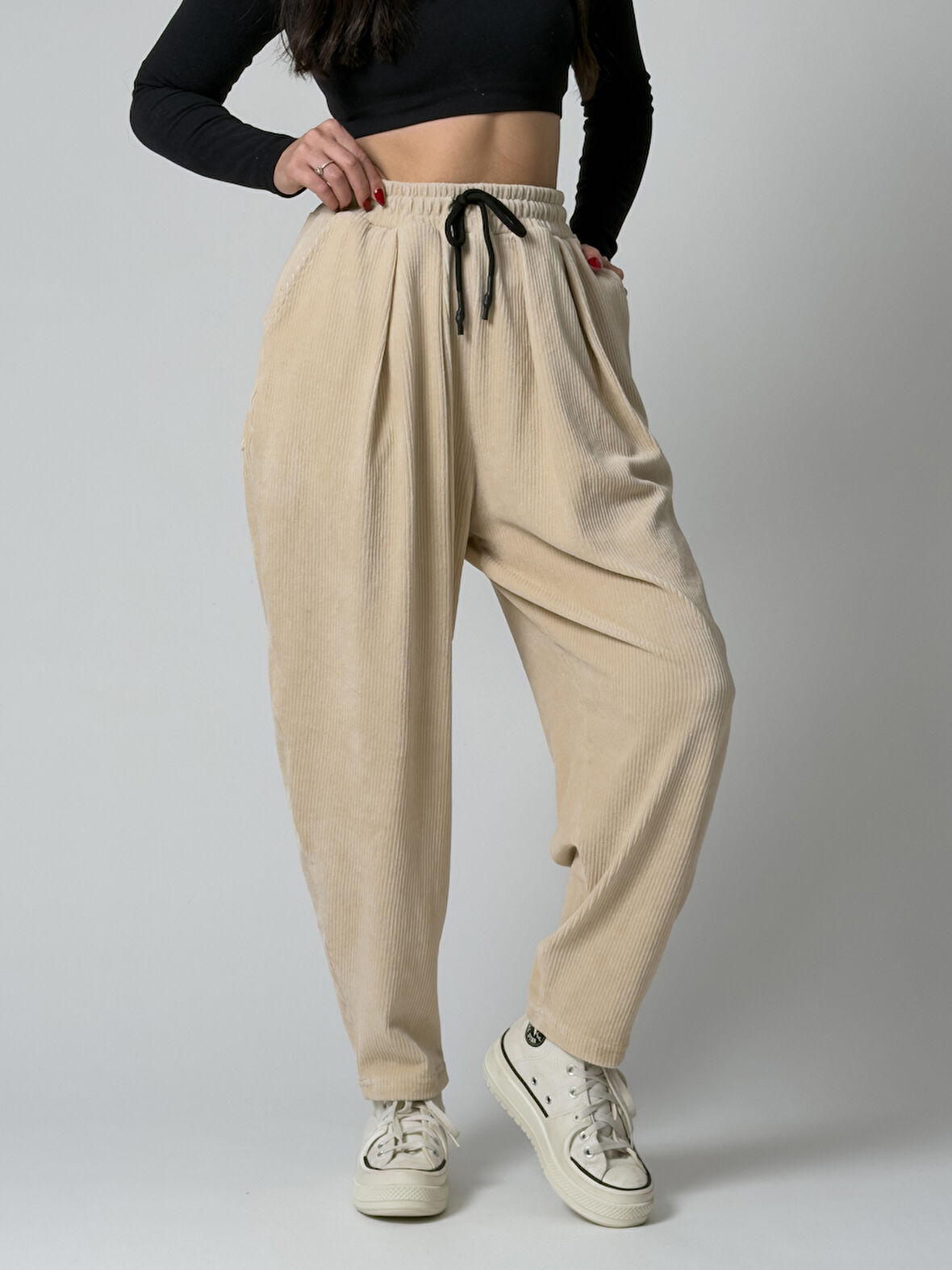 Bej Pileli Kadın Jogger Pantolon COC2561