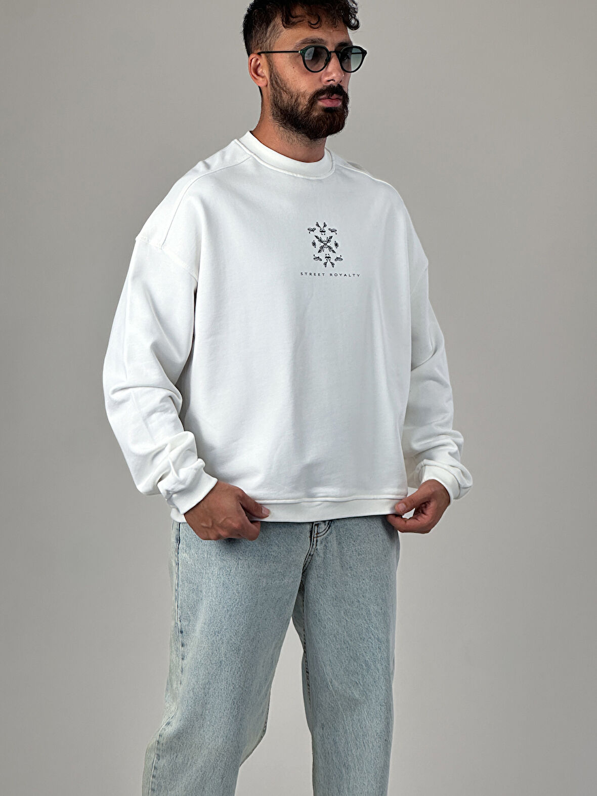 Etnik Desenli Tasarım Erkek Beyaz Sweatshirt COC1030