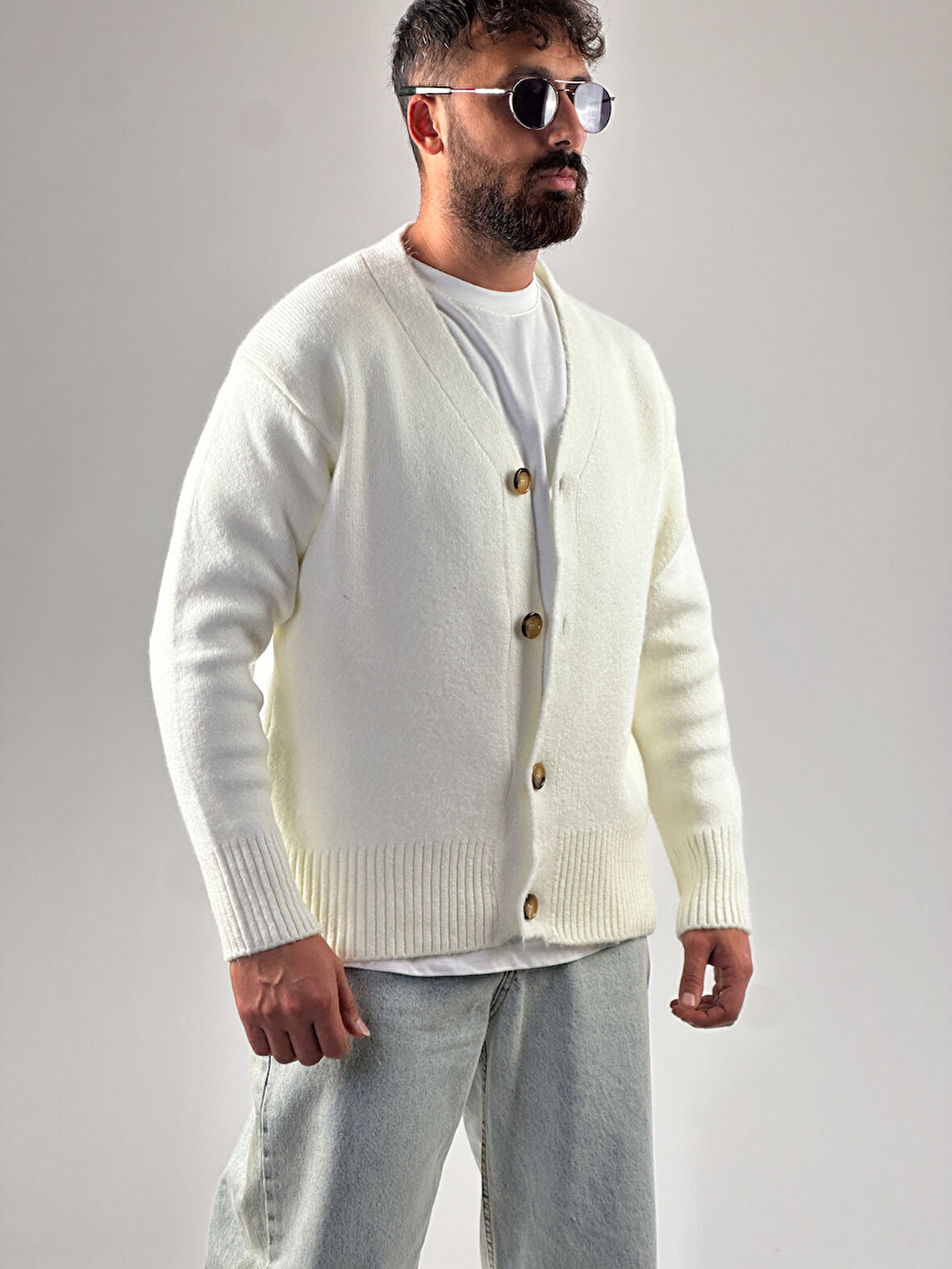 Ekru Erkek Triko Hırka COC1028