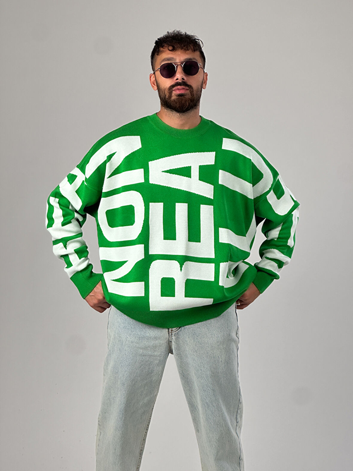 Bold Print Oversize Yeşil Erkek Sweat COC1021