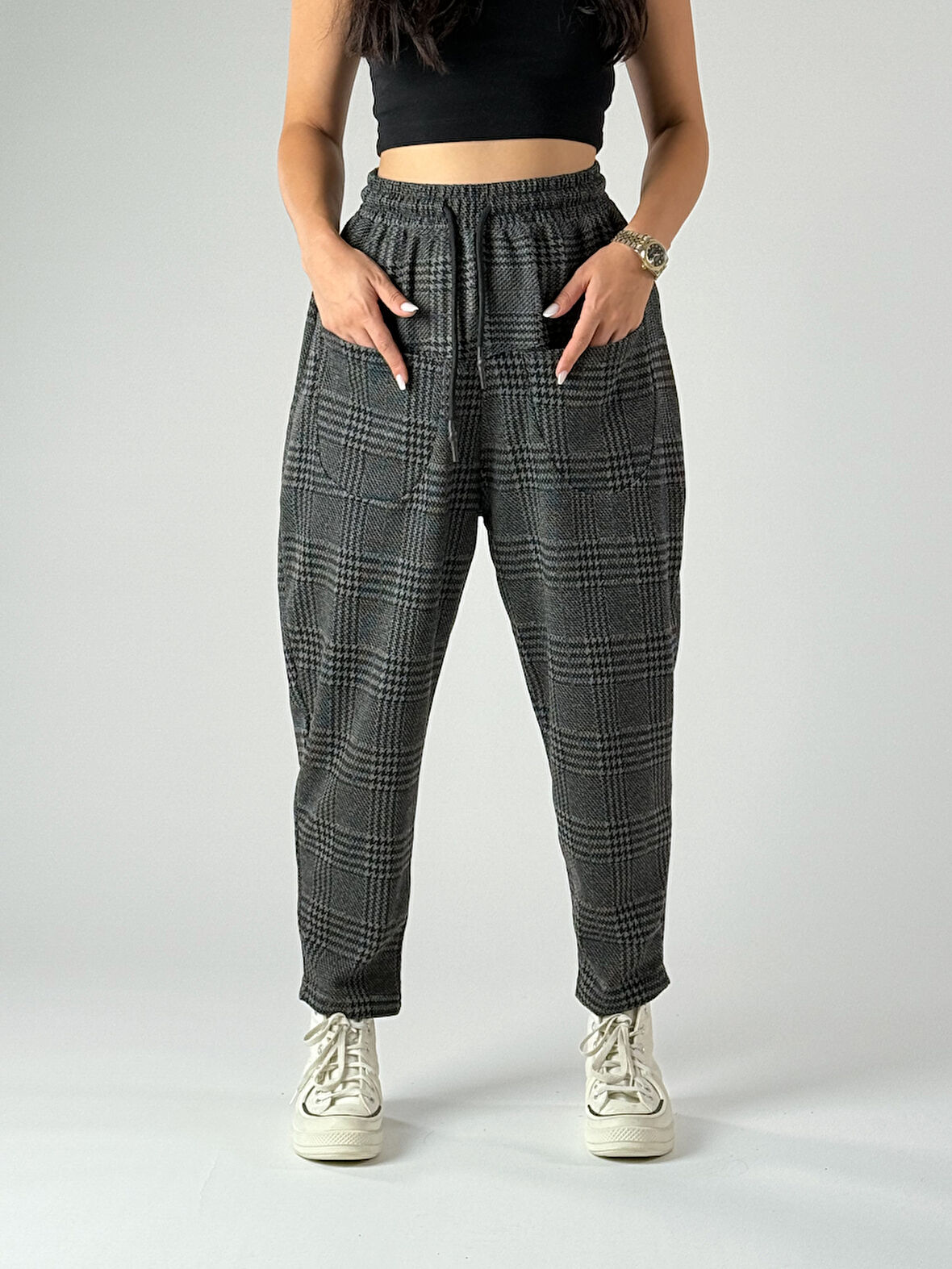 Ön Cep Detaylı Ekose Kadın Pantolon COC1010