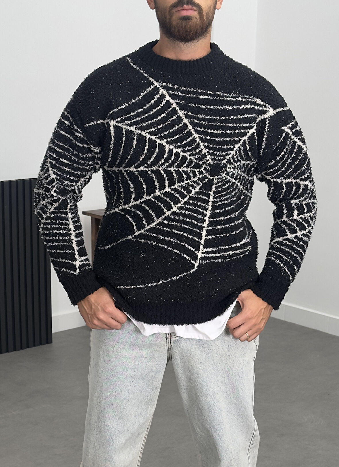 Örümcek Ağı Desenli Siyah Erkek Peluş Sweatshirt COC1200