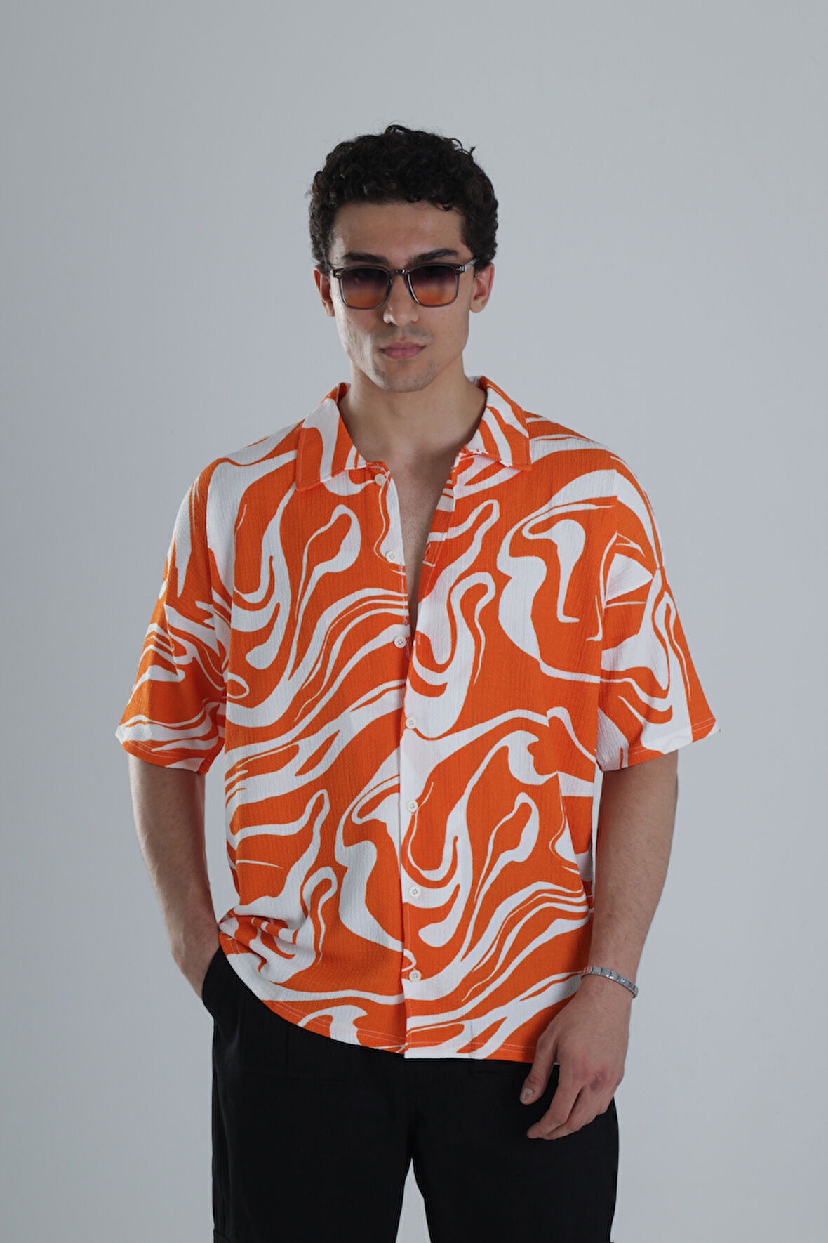 Erkek Turuncu Dalga Desenli Hawai Gömlek COC1168
