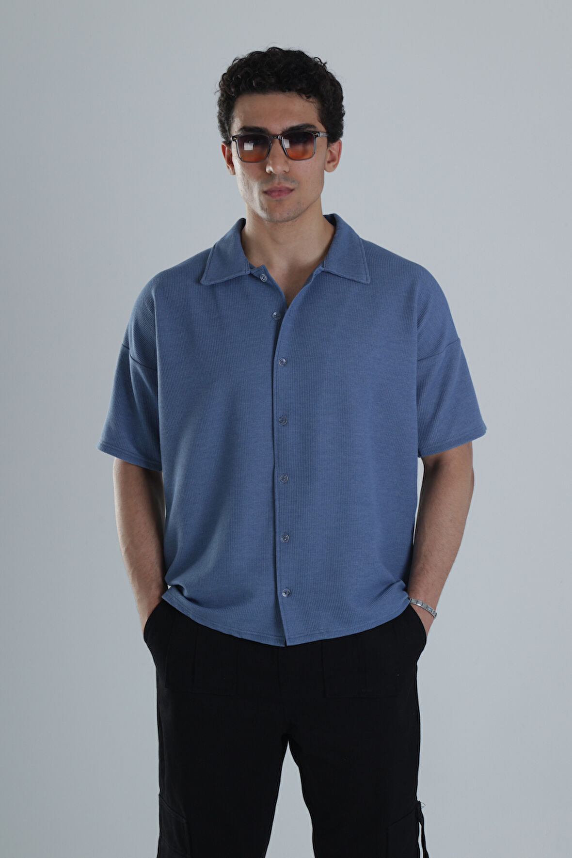 Erkek Mavi Gofre Gömlek COC1160