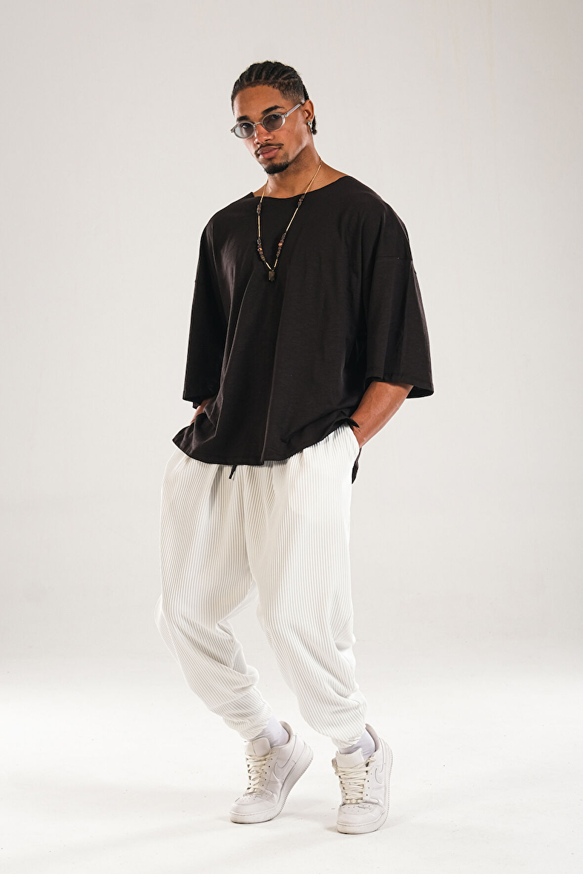 Fitilli Pileli Beyaz Şalvar Pantolon COC1126