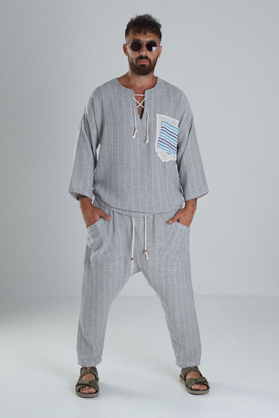 Gri Keten Pamuk Tasarım Şalvar Takım COC1285