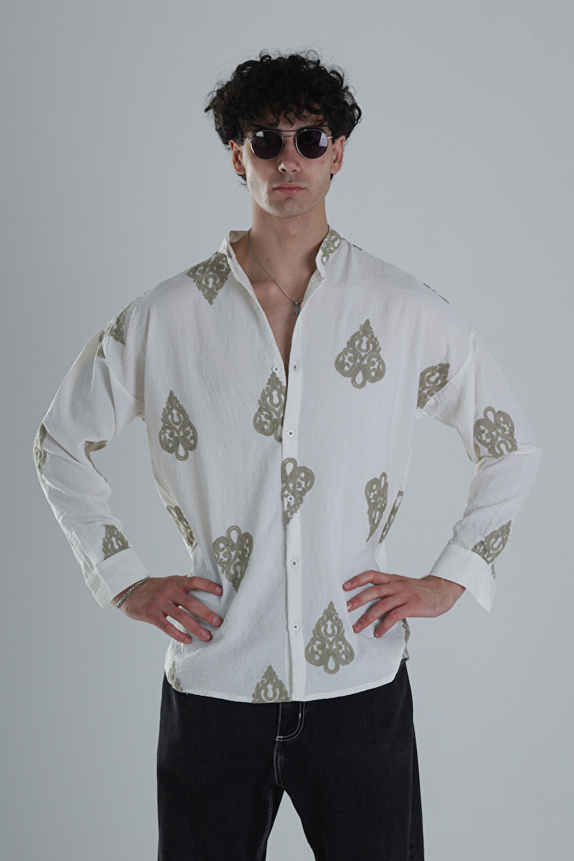 Yeşil Nakış Detaylı Oversize Gömlek COC1206