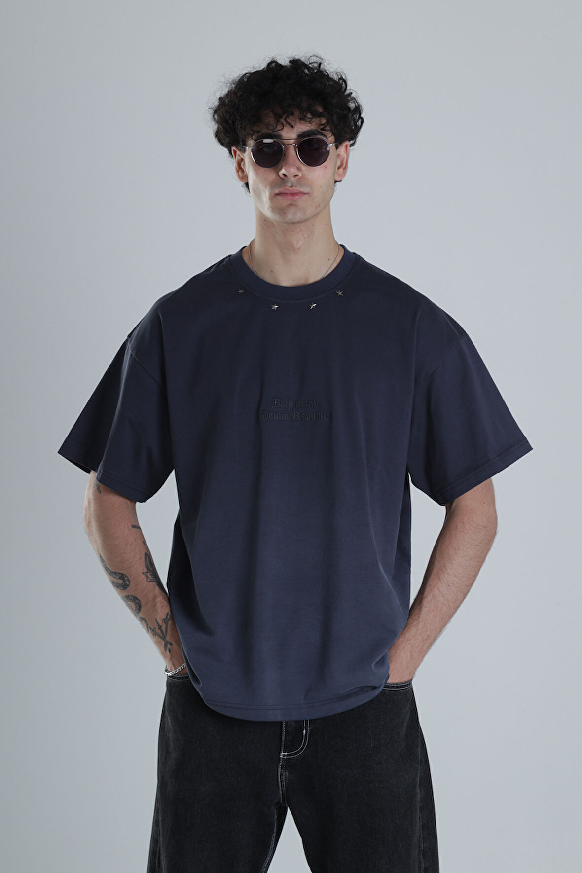 Lacivert Yıldız Detaylı Tasarım Oversize T-Shirt COC1393