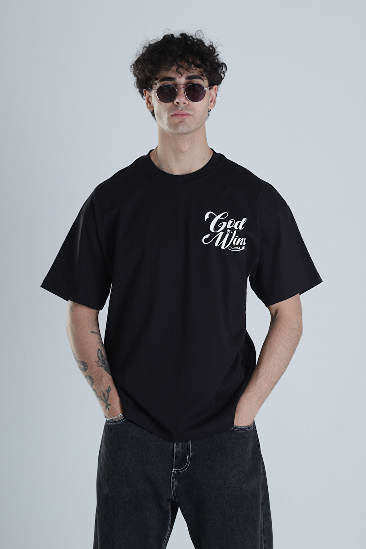 God Wins Siyah Oversize Tasarım T-Shirt COC1389
