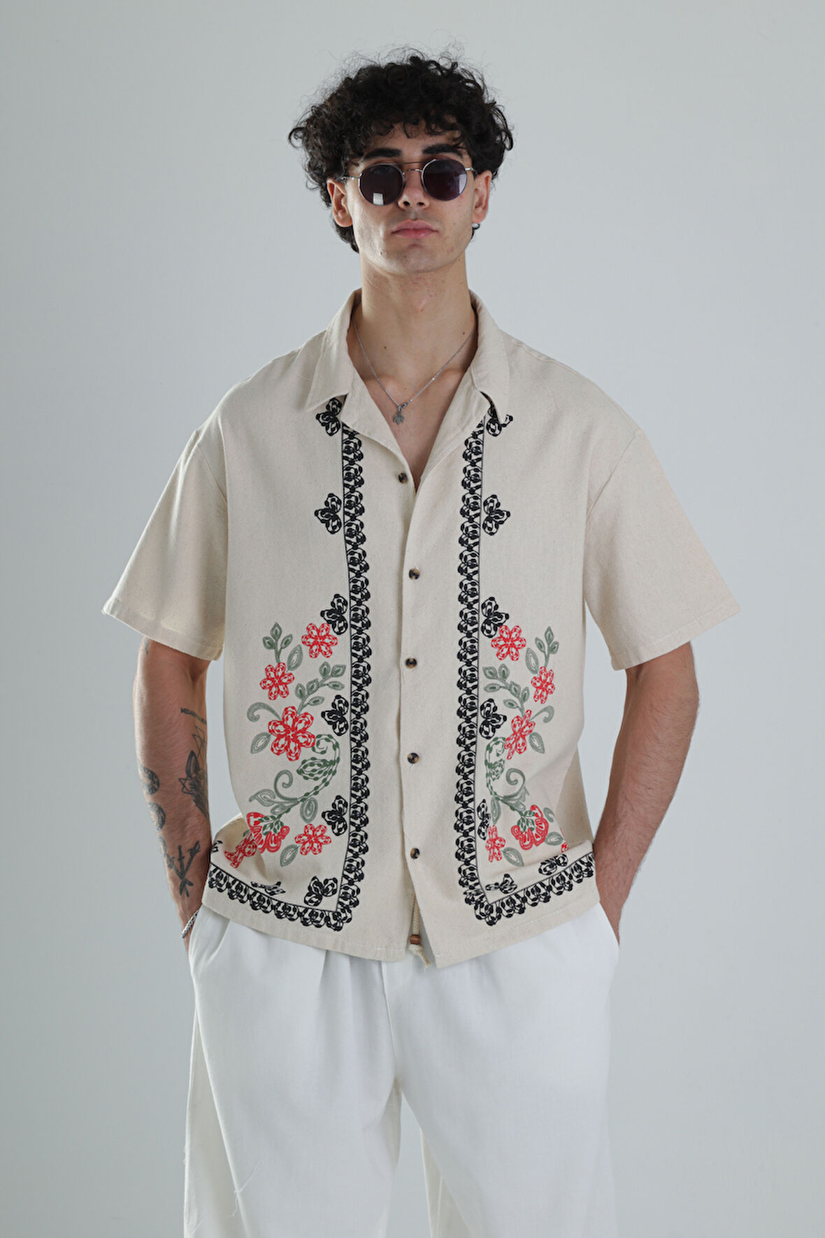 Çiçek Desenli Keten Tasarım Gömlek COC1355