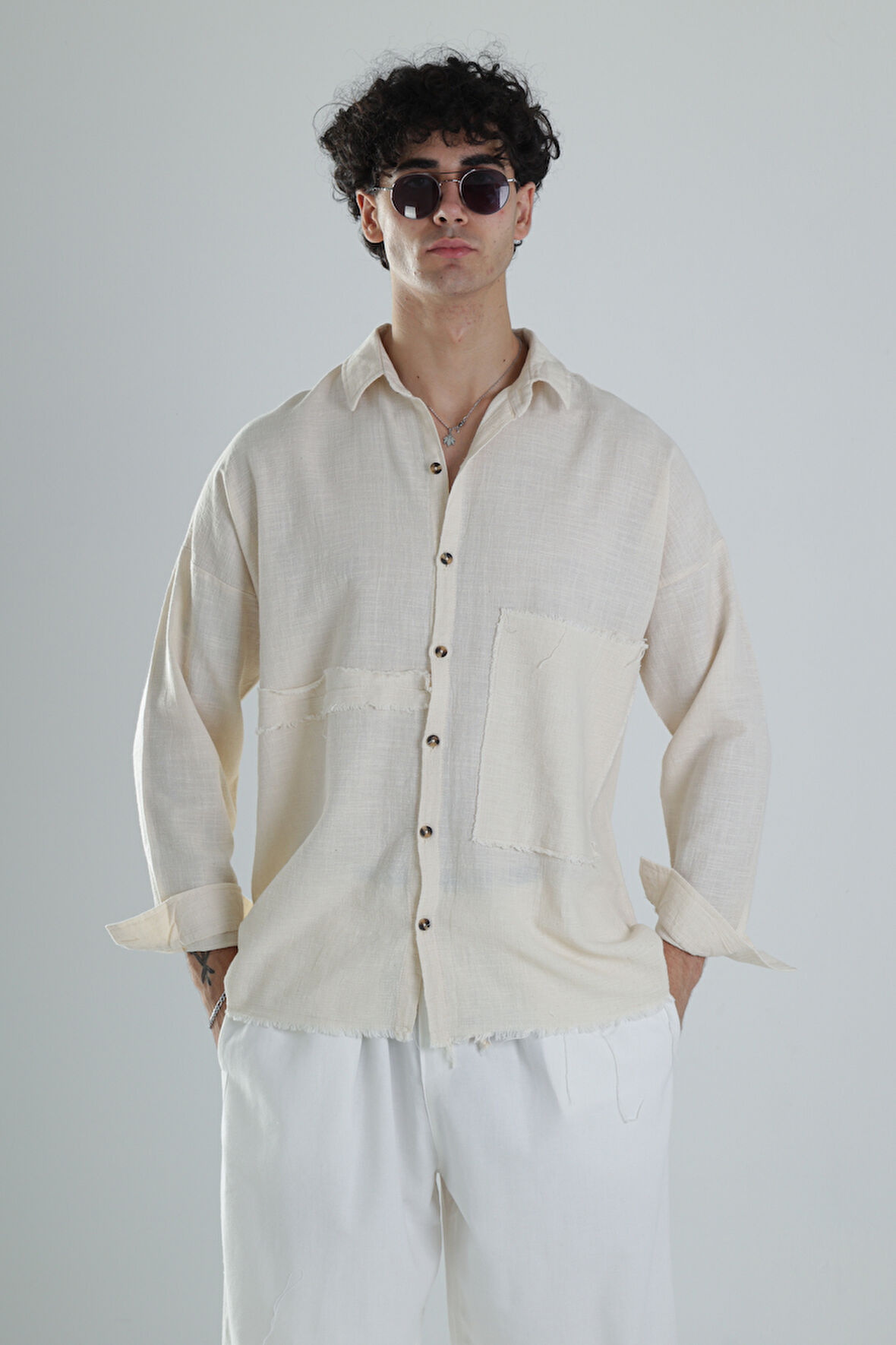 Buldan Kumaş Tasarım Bej Keten Gömlek COC1353