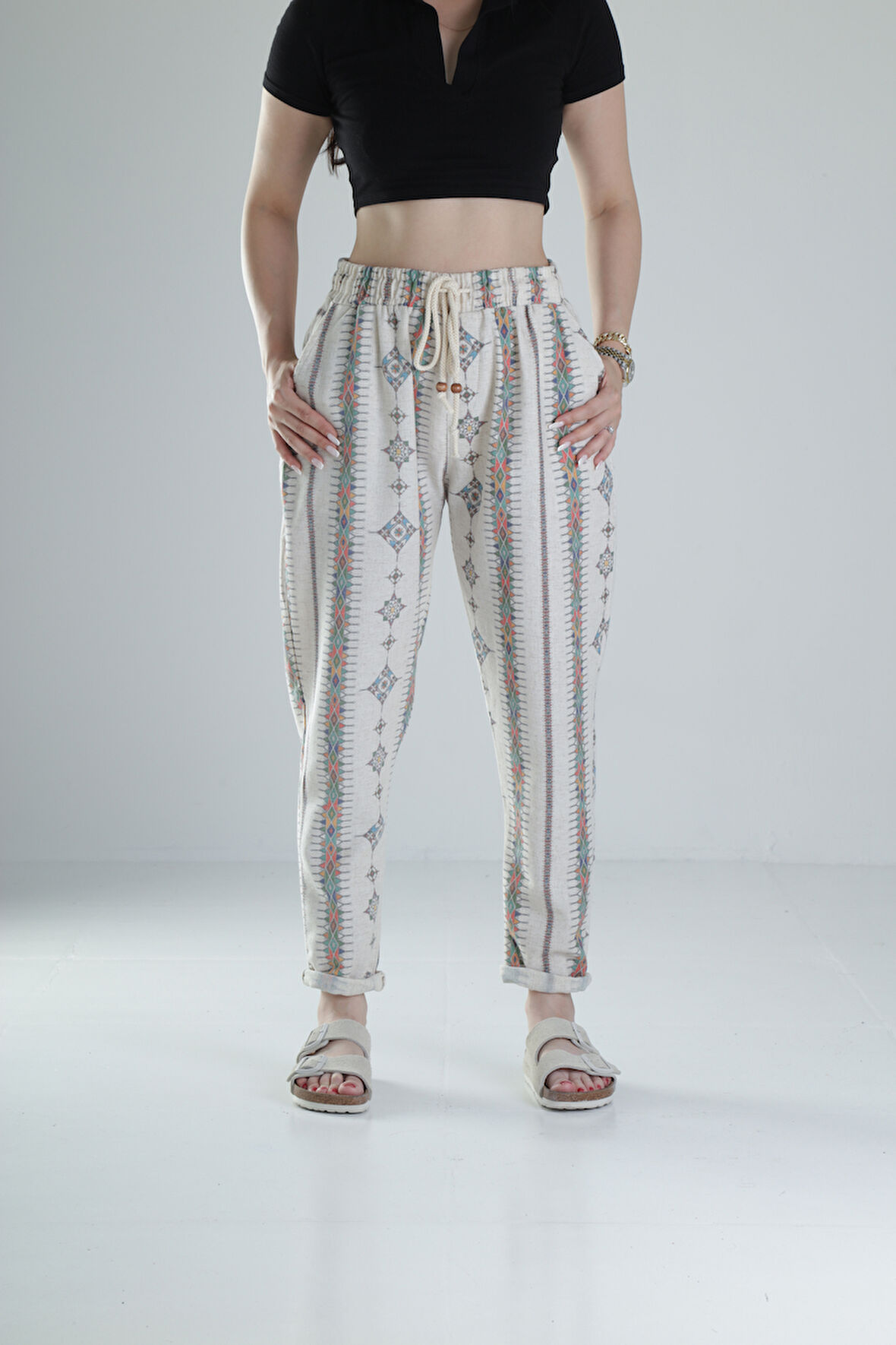 Etnik Desenli Keten Pantolon COC1328