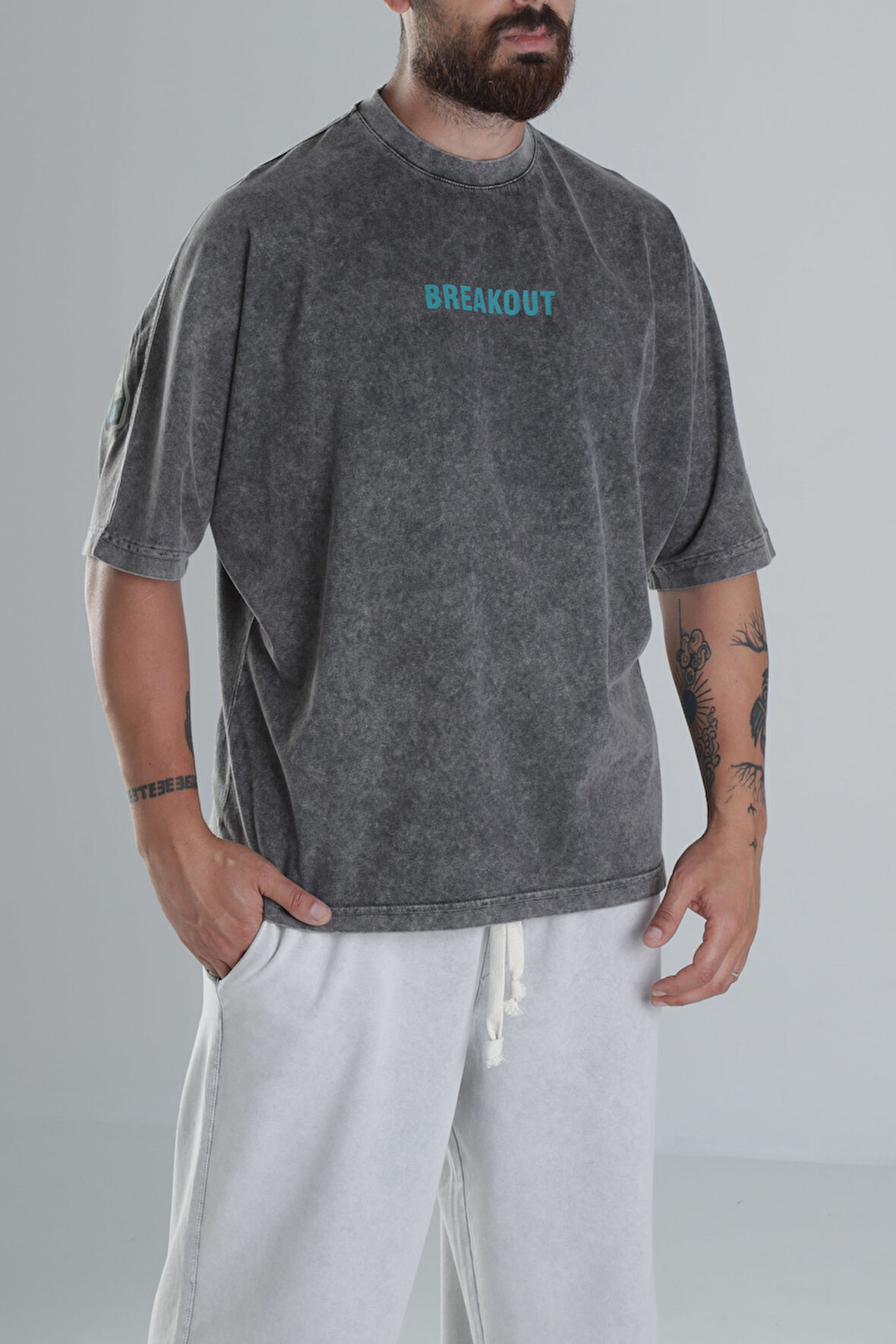 Breakout Yıkamalı Antrasit Oversize Tasarım T-Shirt COC1484